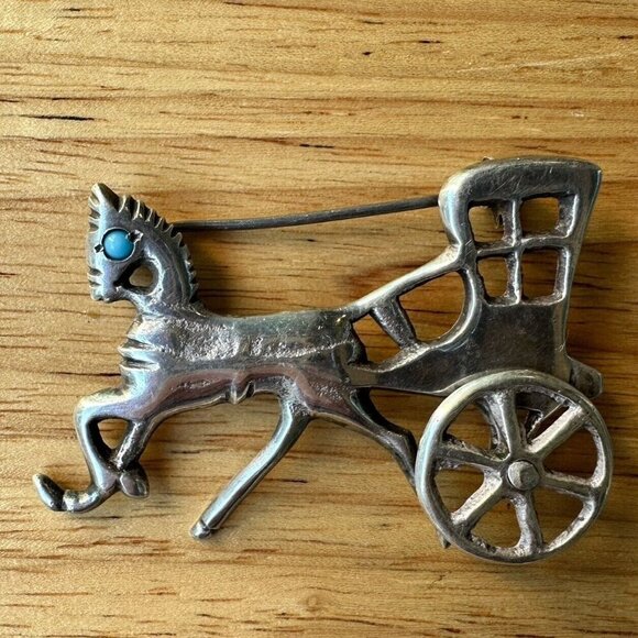 VTG Mexico‎ Brooch Horse Buggy 2.25" Turquoise Articulated Wheel Sterling 16.3g - Picture 1 of 7